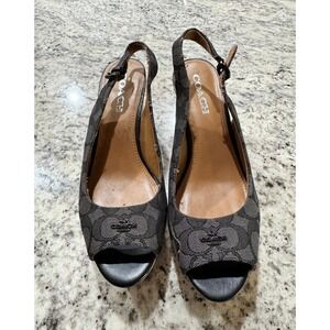Coach Signature C Monogram Cork Wedge Slingback Peep Toe Sandals Black Grey 9B